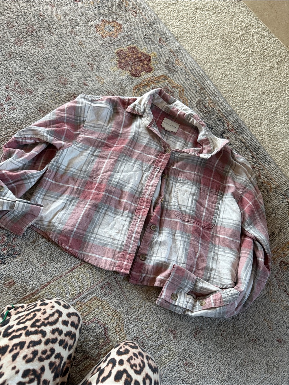 American Eagle Outfitters Pink and White Plaid Button-Down Shirt